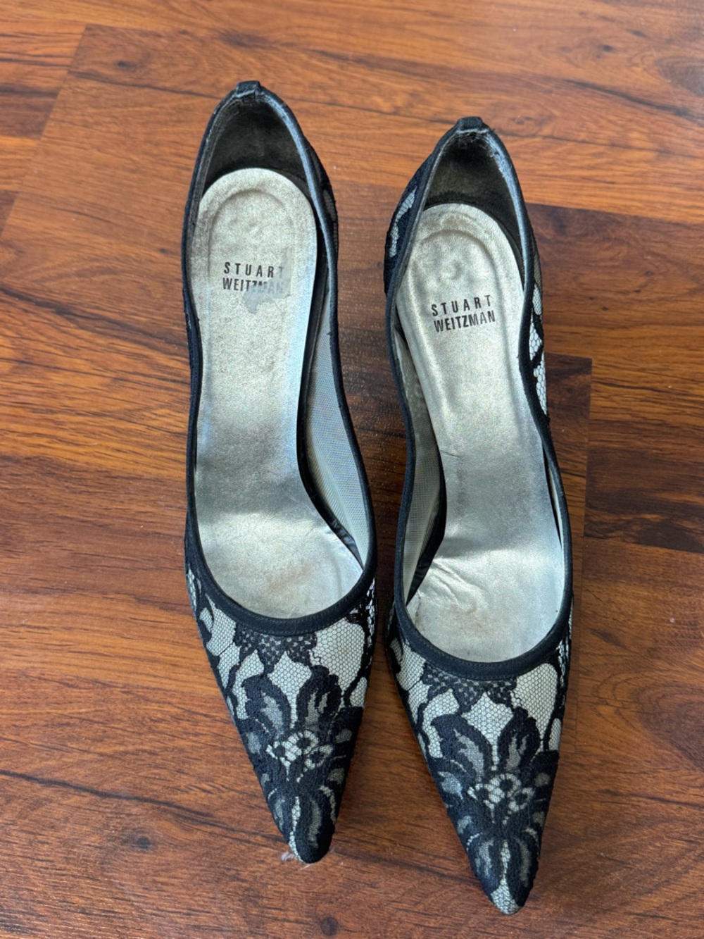 Vintage Stuart Weitzman Lace Mesh Heels | Black Pointed Toe Pumps | Kitten Heel